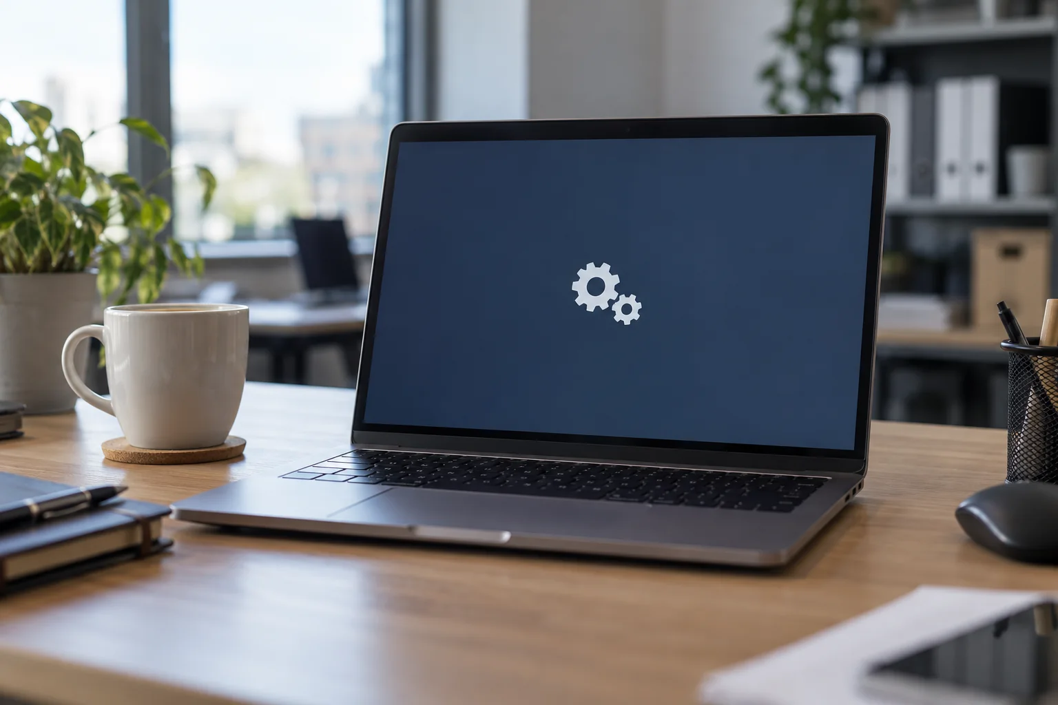 Laptop karbantartást jelző képernyővel egy munkaasztalon