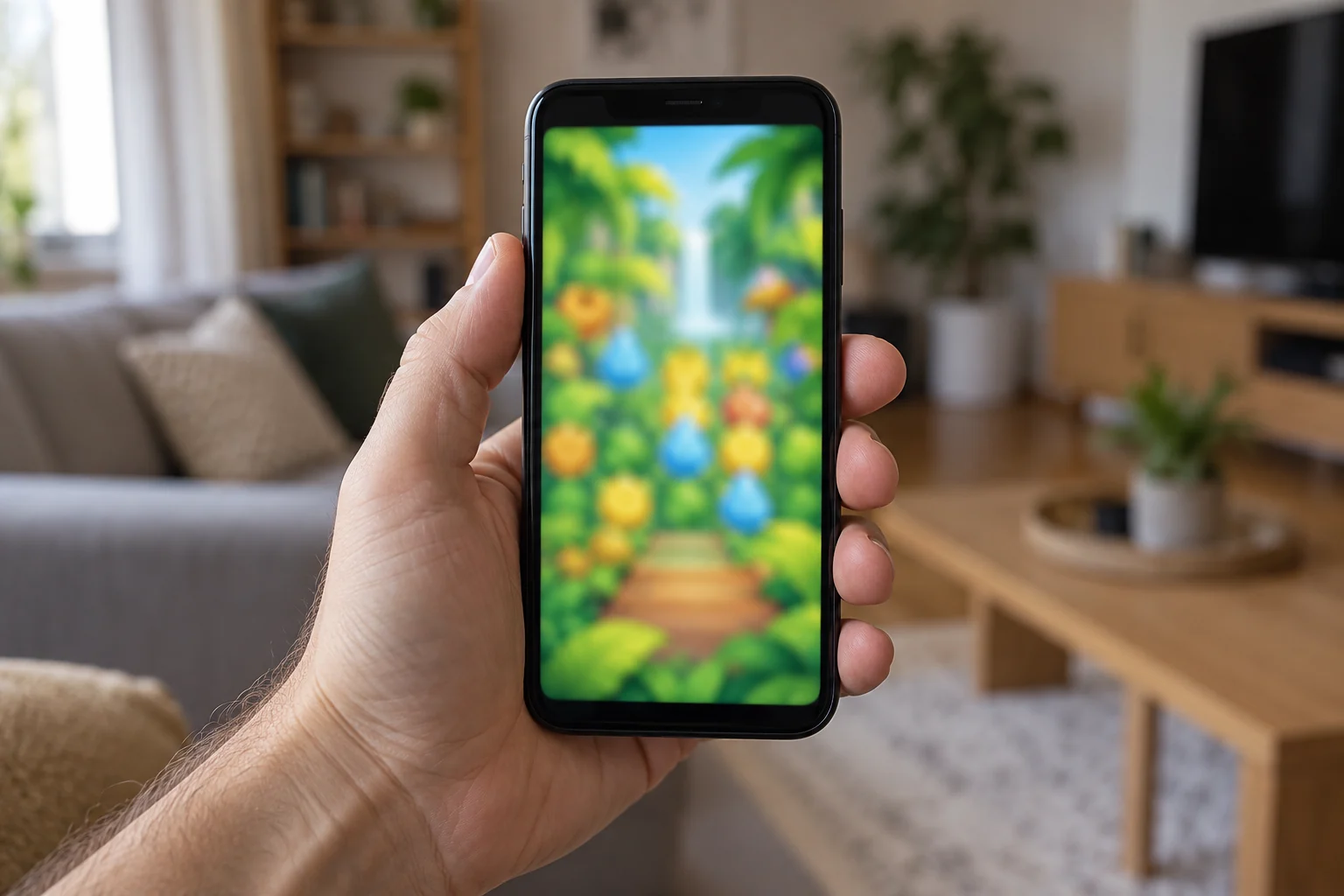 Mobiljáték képernyője egy kézben tartott telefonon